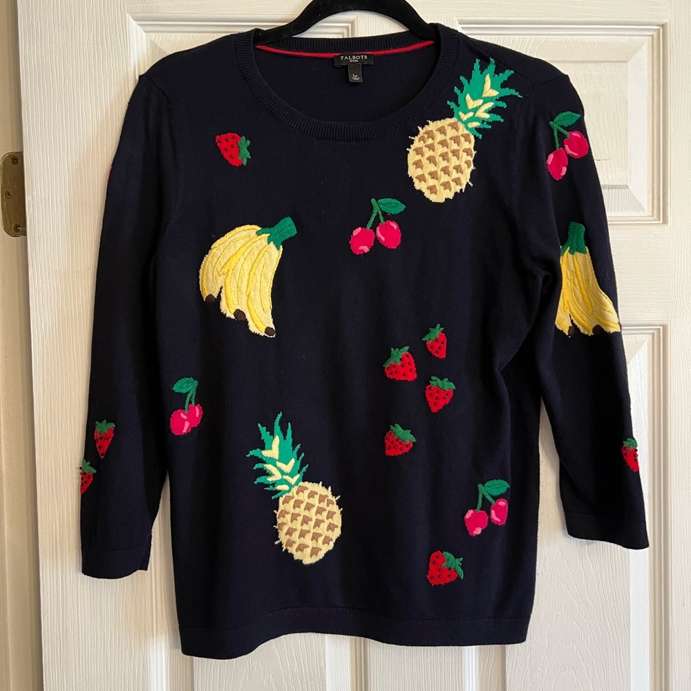 Talbots Sweater Blue Embroidered Beaded Large Petite - Picture 2 of 4